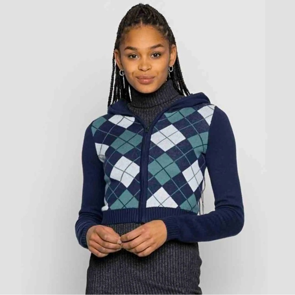 Hollister XS argyle hoodie sweater zip up long sleeve navy blue white teal green